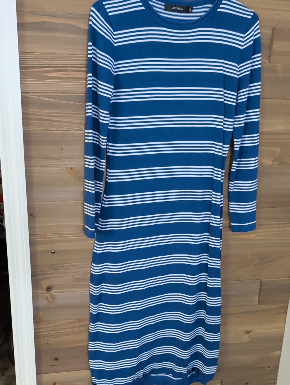 Zesica Blue and White Stripe Long Sleeve Midi Dress